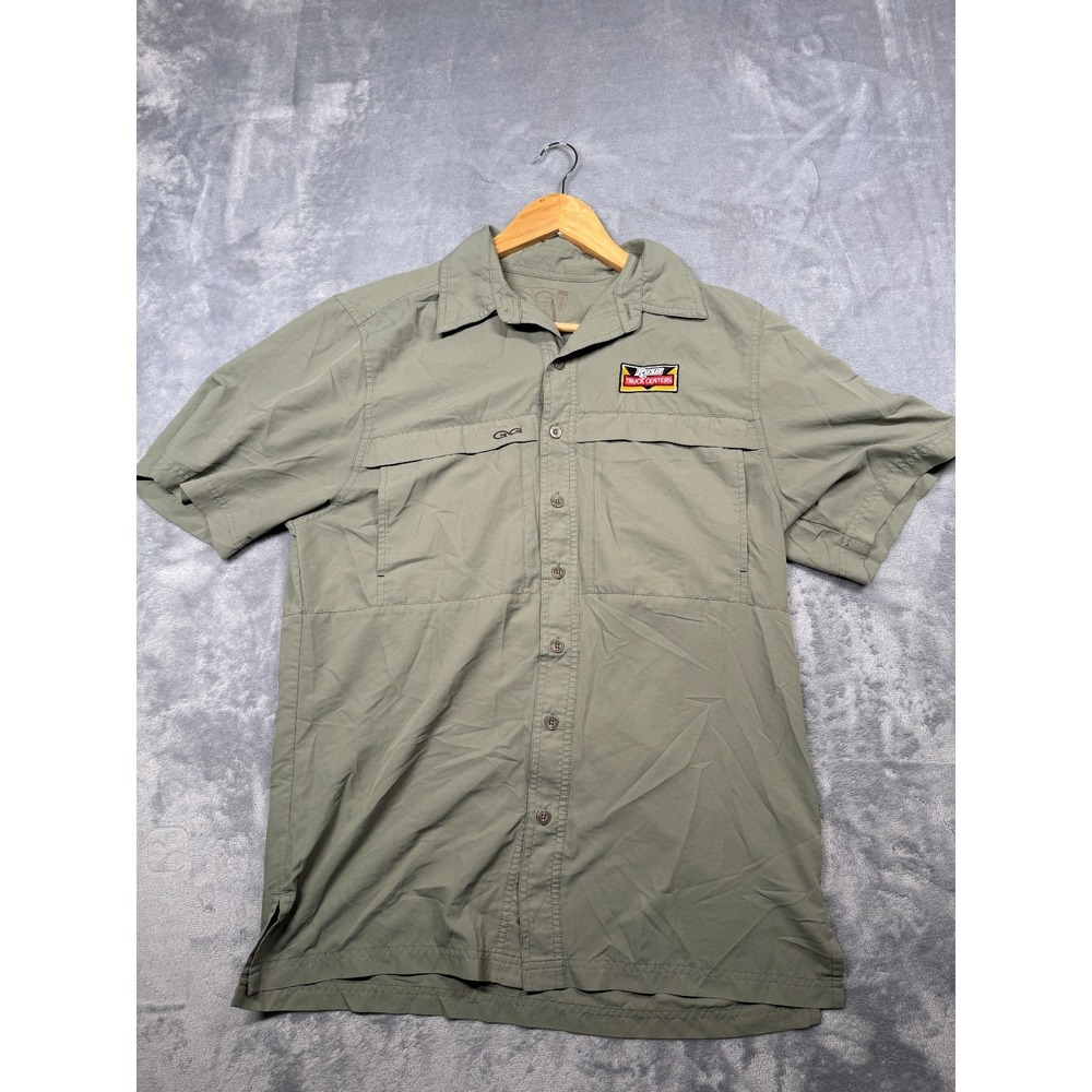 GameGuard Performance Work Shirt Mens M Olive Rush Truck Centers Patch Button Up